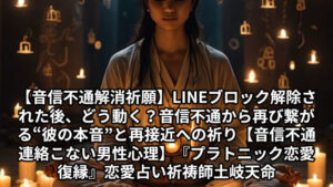 投稿についてもっと詳しく 【音信不通解消祈願】LINEブロック解除された後、どう動く？音信不通から再び繋がる“彼の本音”と再接近への祈り【音信不通 連絡こない 男性心理】『プラトニック恋愛 復縁』恋愛占い 祈祷師 土岐天命