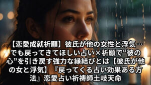 投稿についてもっと詳しく 【恋愛成就祈願】彼氏が他の女性と浮気…でも戻ってきてほしい。占い×祈願で“彼の心”を引き戻す強力な縁結びとは【彼氏が他の女と浮気】『戻ってくる 占い 効果ある方法』恋愛占い 祈祷師 土岐天命