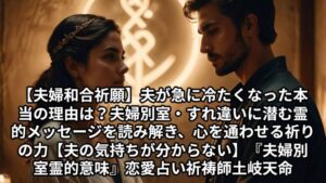 投稿についてもっと詳しく 【夫婦和合祈願】夫が急に冷たくなった本当の理由は？夫婦別室・すれ違いに潜む霊的メッセージを読み解き、心を通わせる祈りの力【夫の気持ちが分からない】『夫婦別室 霊的意味』恋愛占い 祈祷師 土岐天命