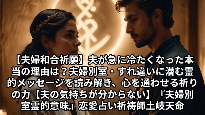 投稿についてもっと詳しく 【夫婦和合祈願】夫が急に冷たくなった本当の理由は？夫婦別室・すれ違いに潜む霊的メッセージを読み解き、心を通わせる祈りの力【夫の気持ちが分からない】『夫婦別室 霊的意味』恋愛占い 祈祷師 土岐天命