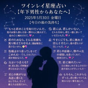 投稿についてもっと詳しく ツインレイ星座占い【年下男性からあなたへ】2025年5月30日 金曜日 【今日の彼の気持ち】プロ霊能力者　祈祷師　土岐天命