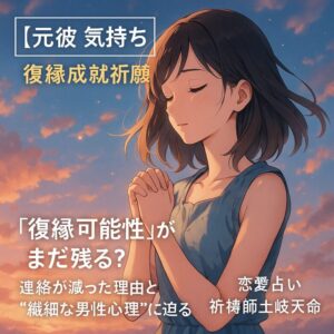 投稿についてもっと詳しく 【元彼 気持ち】『復縁可能性』がまだ残る？連絡が減った理由と“繊細な男性心理”に迫る｜恋愛占い　祈祷師　土岐天命《復縁成就祈願》