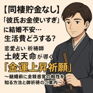 投稿についてもっと詳しく 【同棲貯金なし】『彼氏お金使いすぎ』に結婚不安…生活費どうする？恋愛占い　祈祷師　土岐天命が導く「金運上昇祈願」～結婚前に金銭感覚の相性を知る方法と御祈祷のご案内～