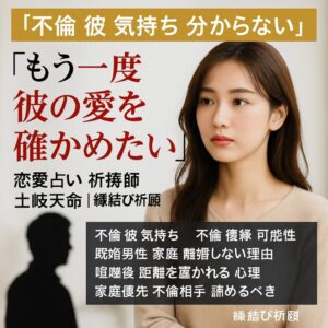 投稿についてもっと詳しく 【不倫 彼 気持ち 分からない】『もう一度彼の愛を確かめたい』恋愛占い 祈祷師 土岐天命｜縁結び祈願
