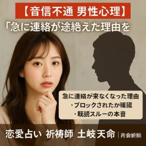 投稿についてもっと詳しく 【音信不通 男性心理】『連絡がほしい、理由を知りたい』恋愛占い 祈祷師 土岐天命｜復縁祈願