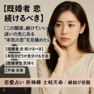 投稿についてもっと詳しく 【既婚者　恋　続けるべき】『この関係、続けていいの？迷いの先にある“本気の恋”を見極めたい』恋愛占い　祈祷師 土岐天命｜縁結び祈願