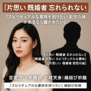 投稿についてもっと詳しく 【片思い 既婚者 忘れられない】『スピリチュアルな意味を知りたい、前世の縁があるなら確かめたい』恋愛占い 祈祷師 土岐天命｜縁結び祈願